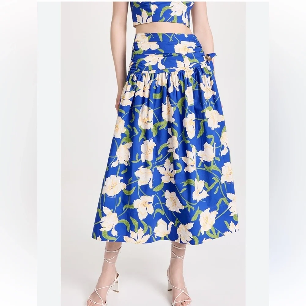 Cara Cara Kayla Floral Midi Skirt Blue Holland Tulips Pleated Poplin Size 0
